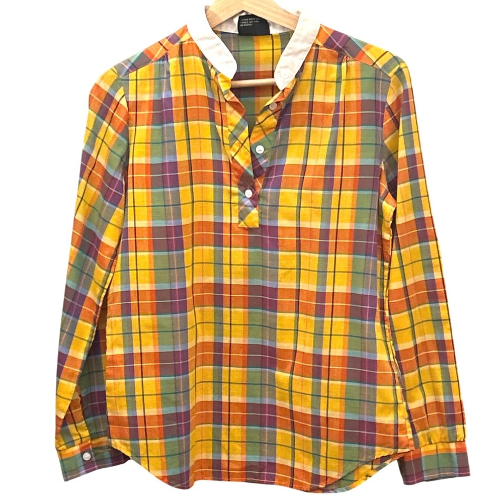 Vintage 70s 80s Preppy Plaid Popover Blouse Ivy League Academic Country Club